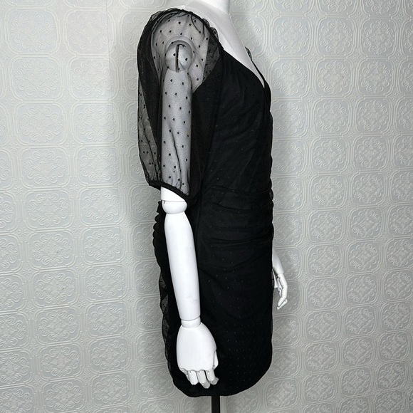 ASOS DESIGN | Dobby Mesh, Puffy Sleeve, Faux Wrap, Dress in Black - Picture 5 of 13